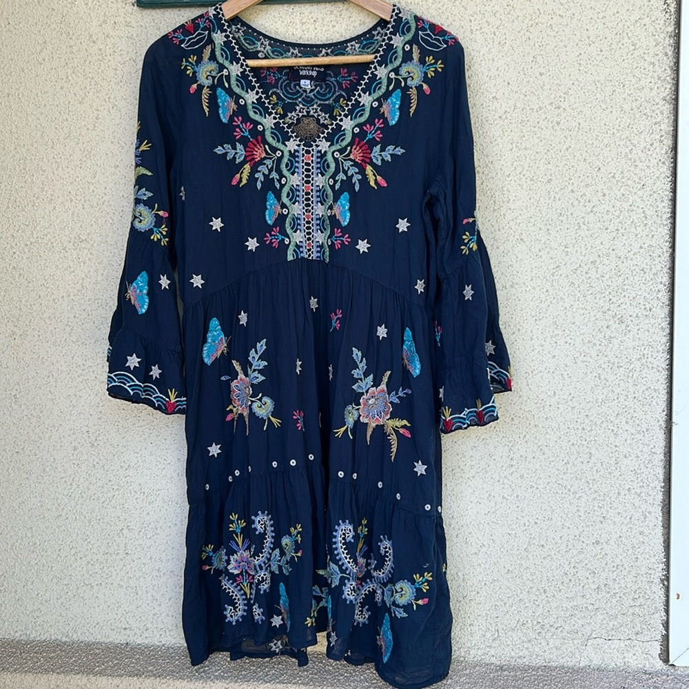 Johnny Was Workshop Zoe Embroidered Tiered Mini Dress Navy Blue Cotton Small